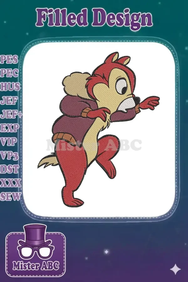 Close-up of an energetic Chip embroidery design, featuring vibrant red, brown, and tan threads on a white background.