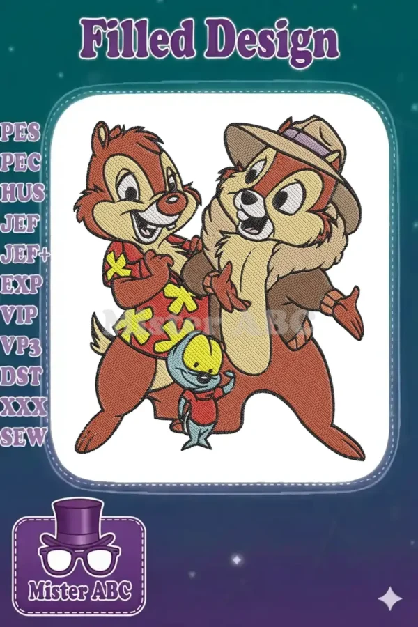 Vibrant embroidery design featuring Chip in a Hawaiian shirt and Dale as an adventurer with a hat, alongside a fish friend.