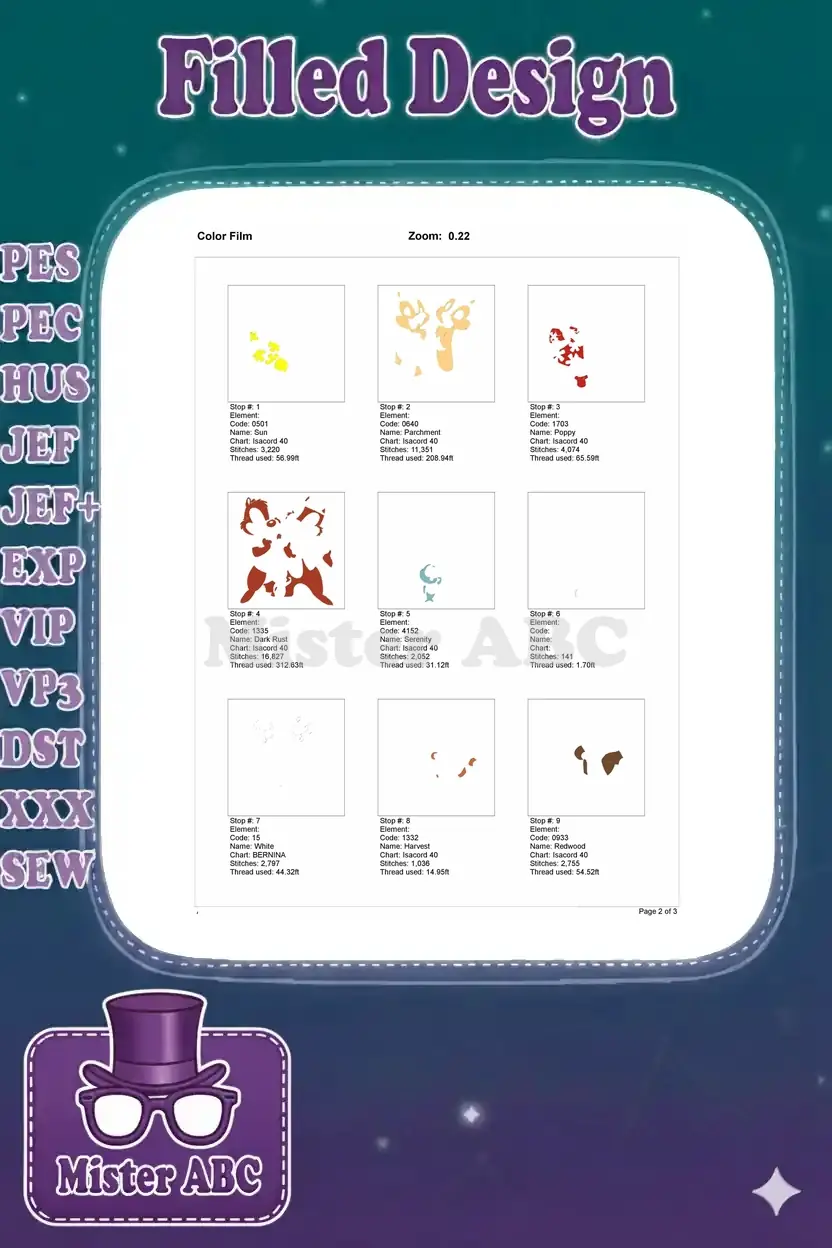 First page of the color film for the Chip 'n' Dale embroidery, displaying individual color stop sequences and stitch patterns.