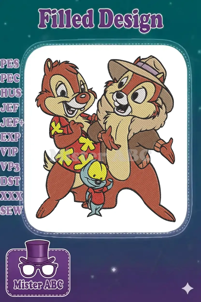 Vibrant embroidery design featuring Chip in a Hawaiian shirt and Dale as an adventurer with a hat, alongside a fish friend.