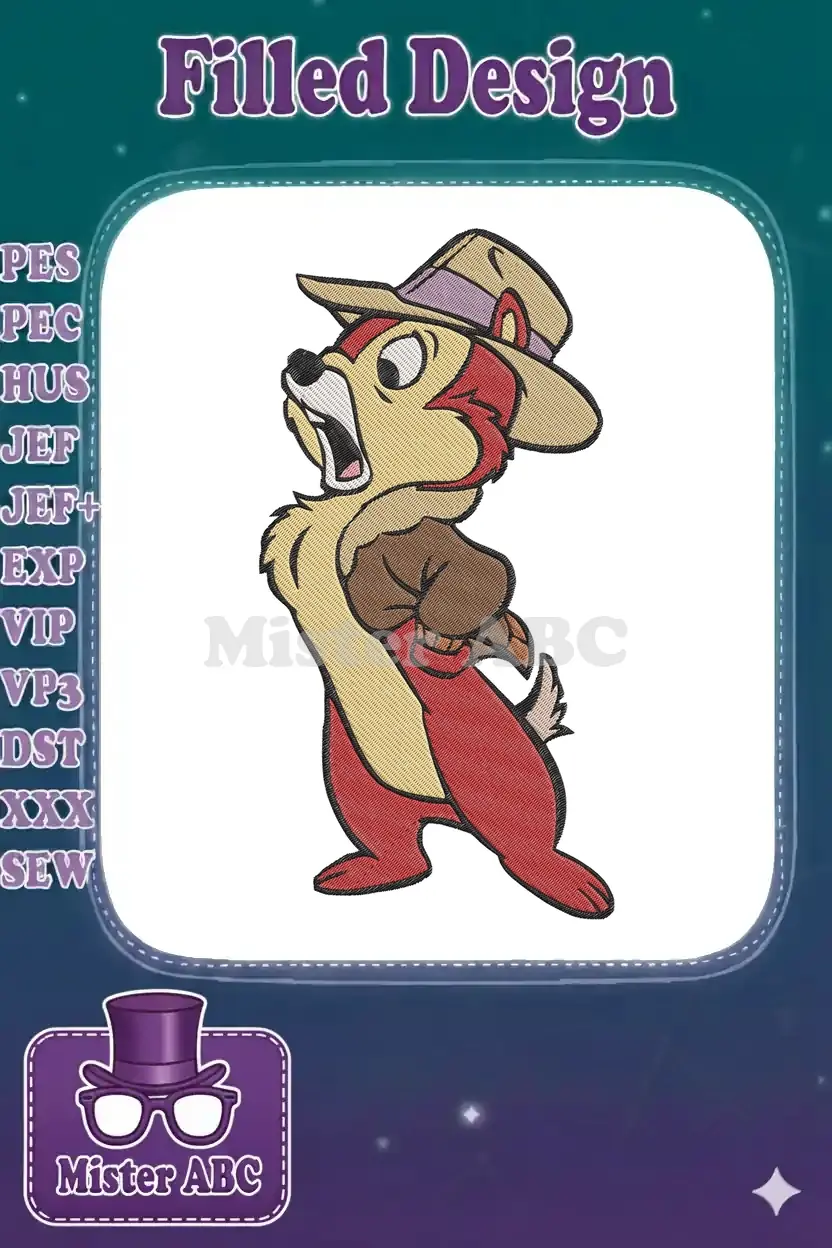 Vibrant embroidery design of Dale from Chip 'n Dale, dressed in an explorer hat and jacket, looking up excitedly.