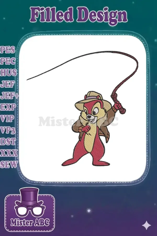 A detailed embroidery design of Chip from Chip 'n Dale, dressed as Indiana Jones, dynamically swinging a whip.