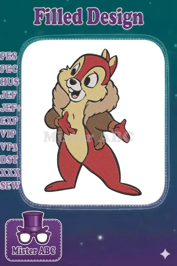 A cheerful Dale from Chip 'n Dale, wearing a brown bomber jacket, presented as a detailed embroidery design.