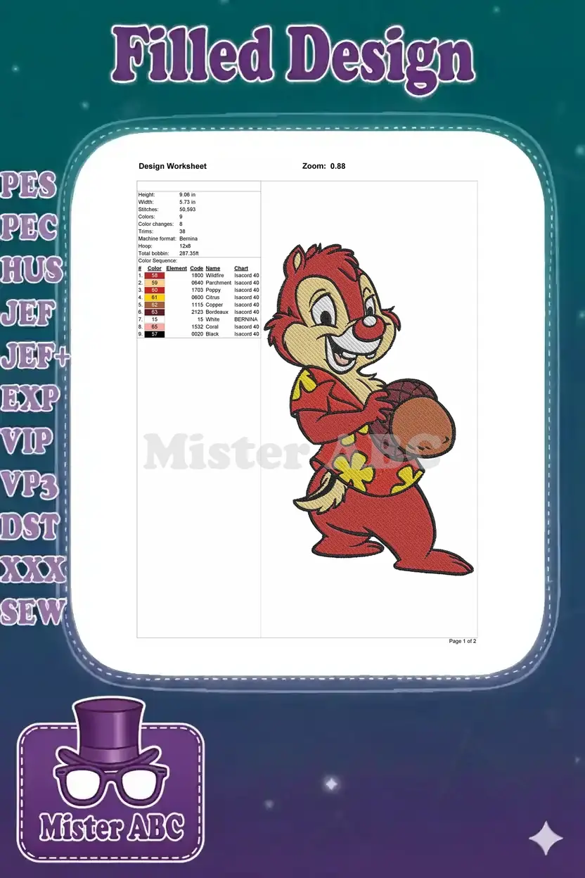 Design Worksheet detailing the Dale embroidery specifications: dimensions, stitch count, colors, and machine info.