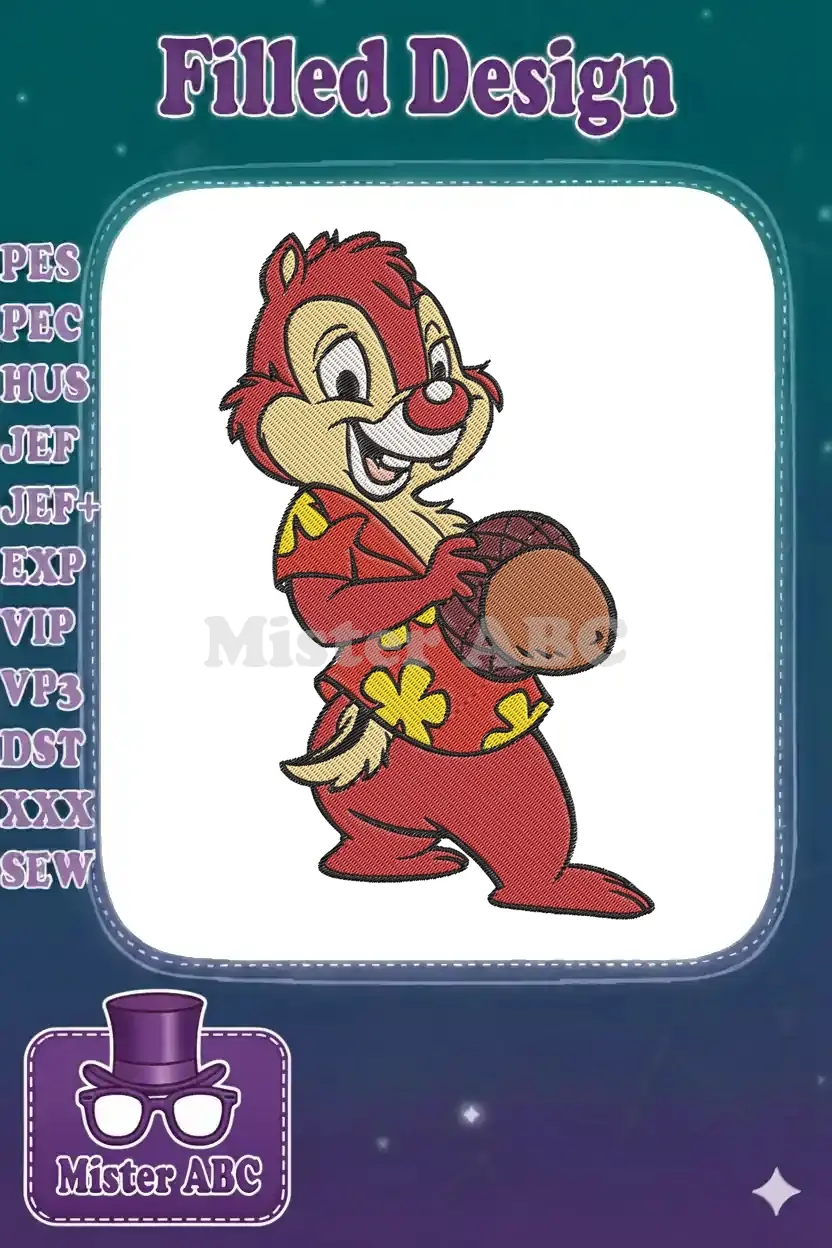 Dale, the cheerful chipmunk, in a red Hawaiian shirt, holding an acorn, vibrant machine embroidery design.