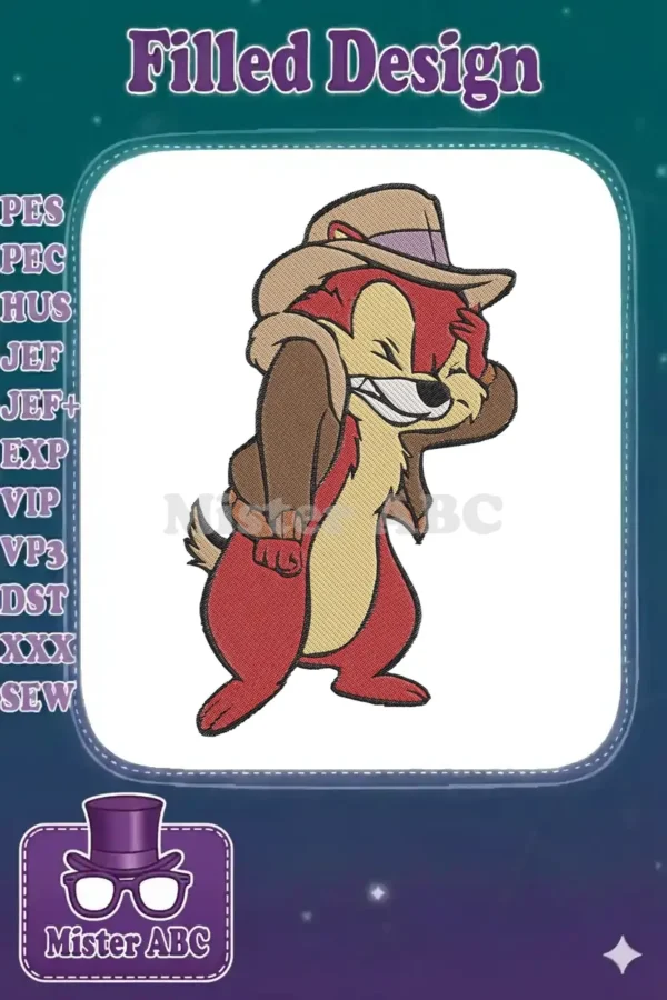Detailed embroidery of Dale from Chip 'n Dale, winking and smiling, wearing a fedora and jacket, on white background.