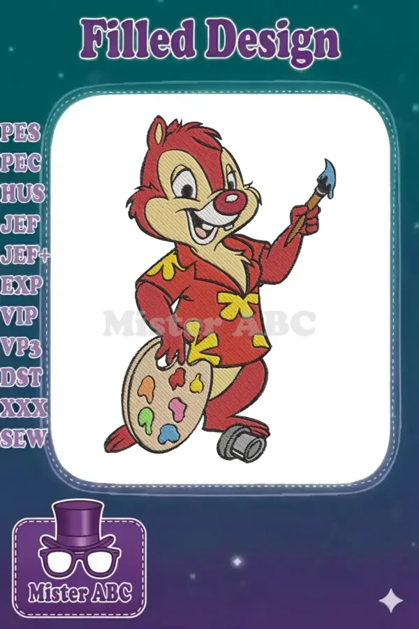 Dale from Chip 'n Dale, dressed in a red Hawaiian shirt, holding an artist's palette and paintbrush, smiling brightly.