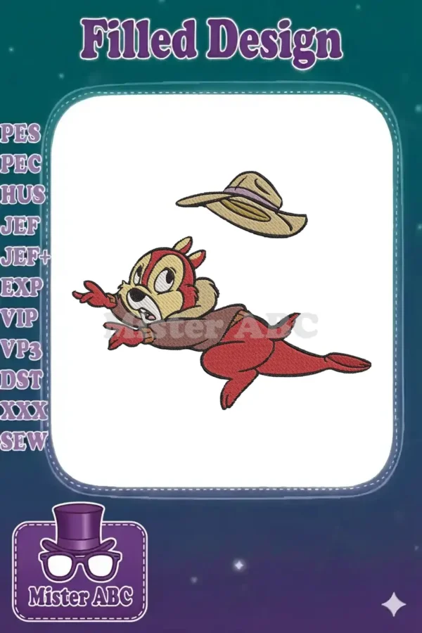 Dynamic embroidery design of Chip from Chip 'n Dale, mid-leap with a hat, perfect for Disney fans.