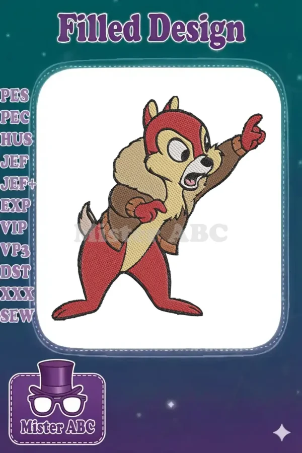 Detailed embroidery design of Dale from Chip 'n Dale in an aviator jacket, pointing dynamically, vibrant colors.