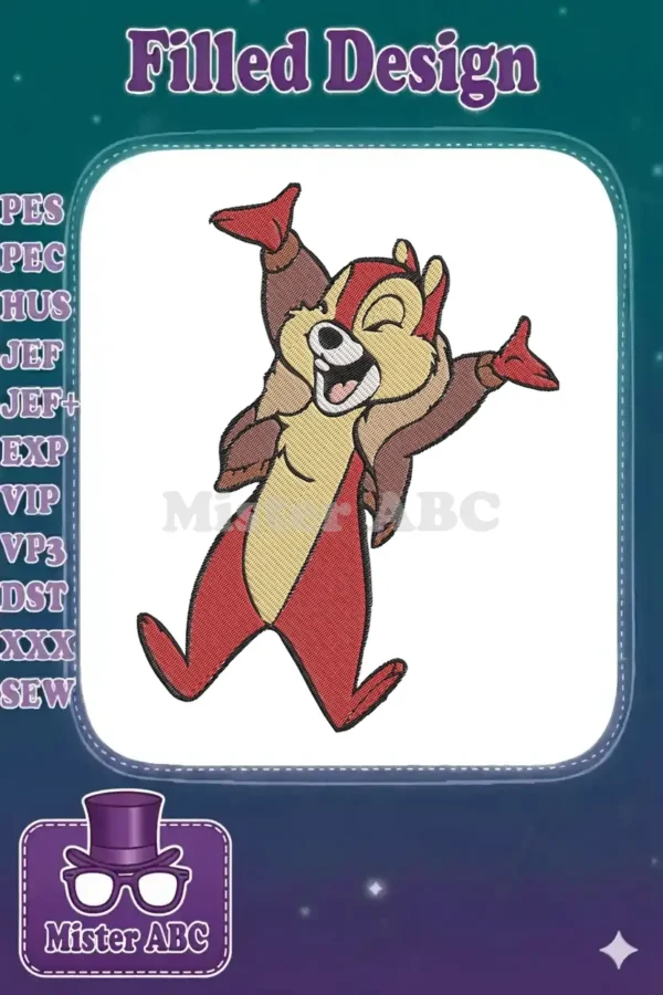 A cheerful Dale from Chip 'n Dale, arms outstretched in a joyful pose, ready for embroidery on any fabric.
