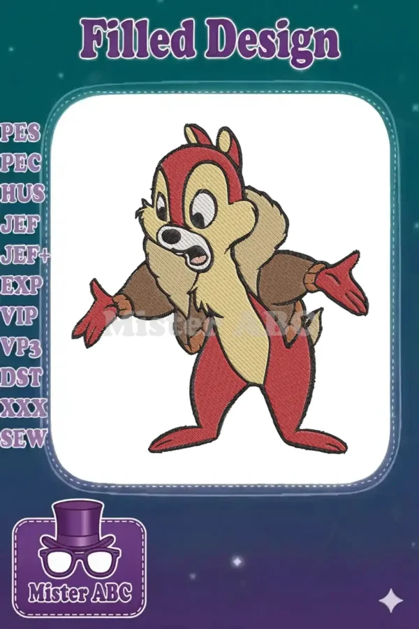 Detailed embroidery design of Dale from Chip 'n Dale, looking surprised with open mouth and outstretched arms.