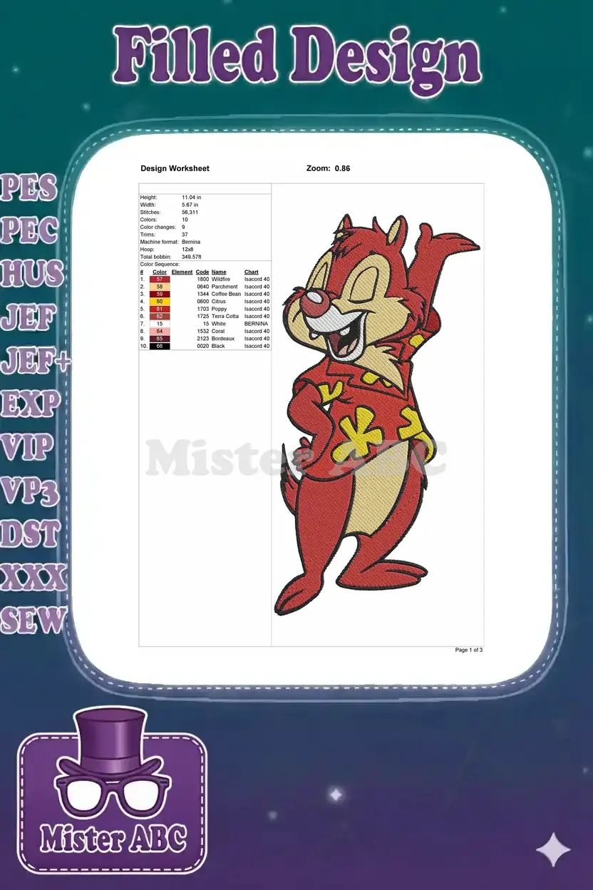 Embroidery design worksheet detailing height, width, stitch count, color changes, and thread color chart for Dale.