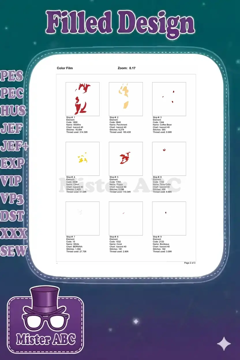 First page of the embroidery color film, illustrating the initial six color stops and their stitch applications.