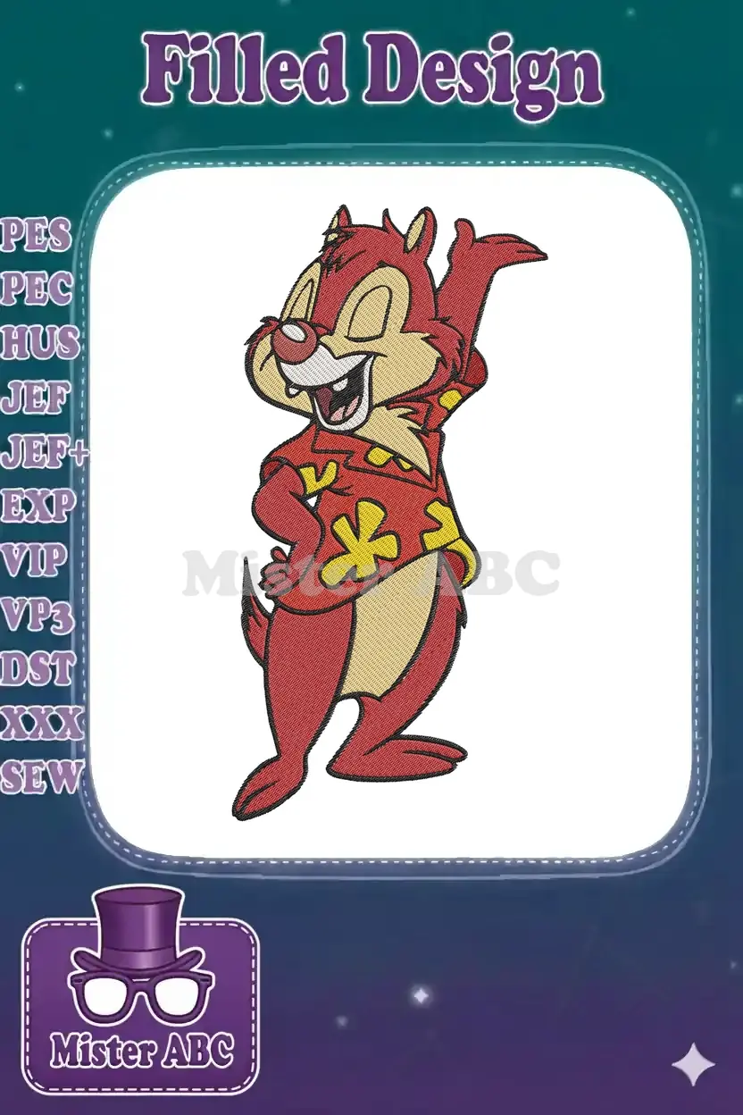Vibrant embroidery of Dale from Chip 'n Dale, smiling broadly in a red Hawaiian shirt with yellow patterns, hand raised.