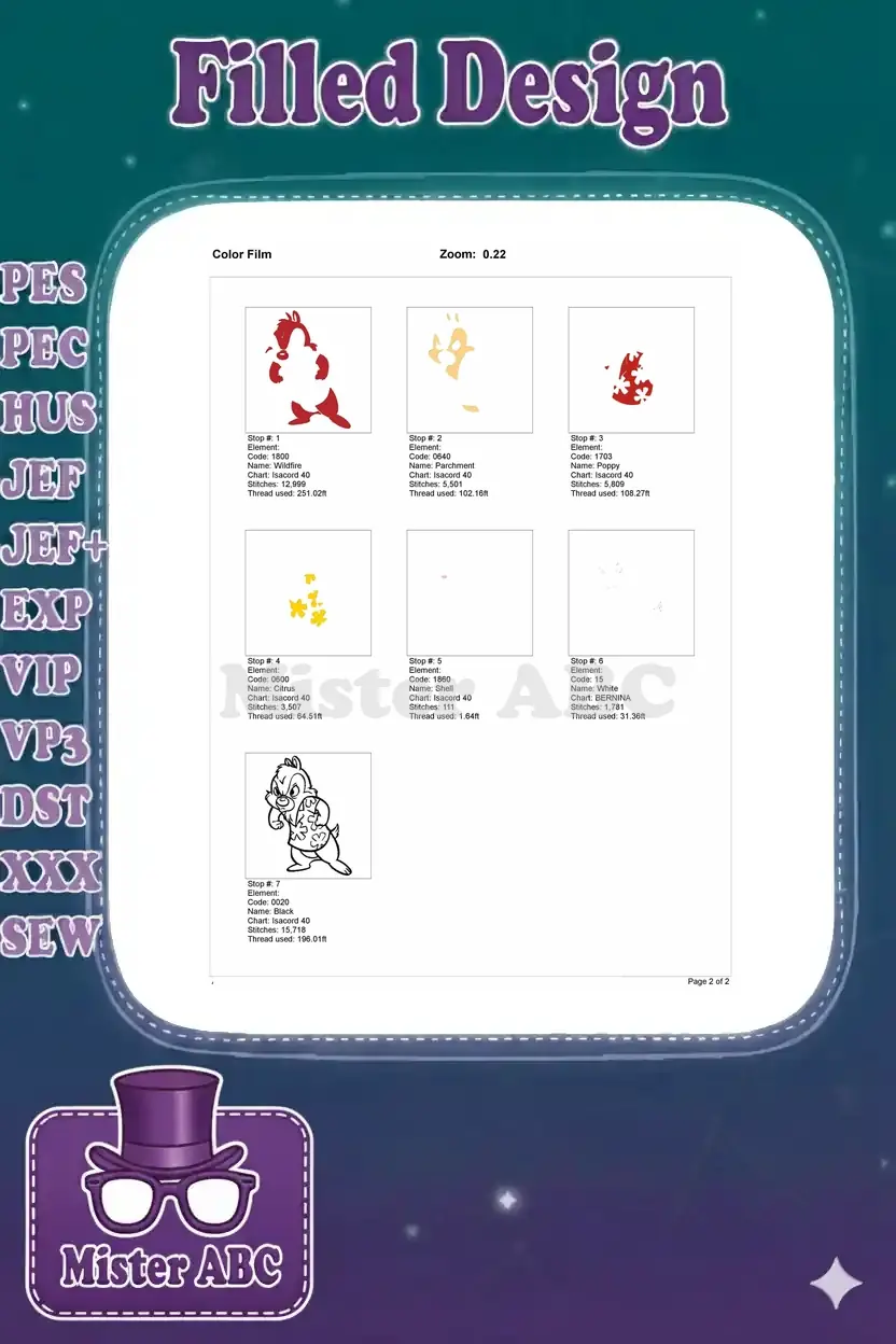 Color film breakdown for the Dale embroidery design, illustrating each thread color stop and its specific stitch details.