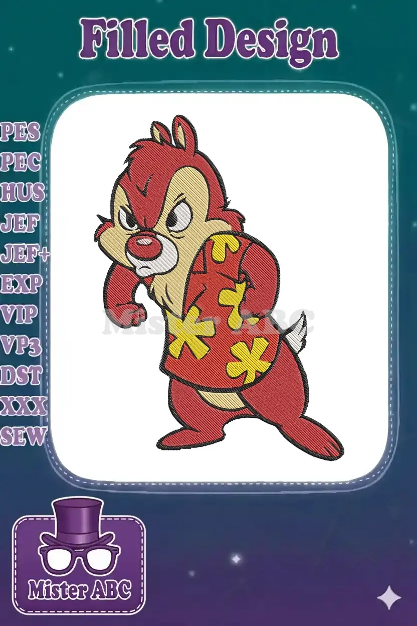 Embroidered image of Dale from Chip 'n Dale, wearing a red Hawaiian shirt with yellow flowers, looking determined and feisty.