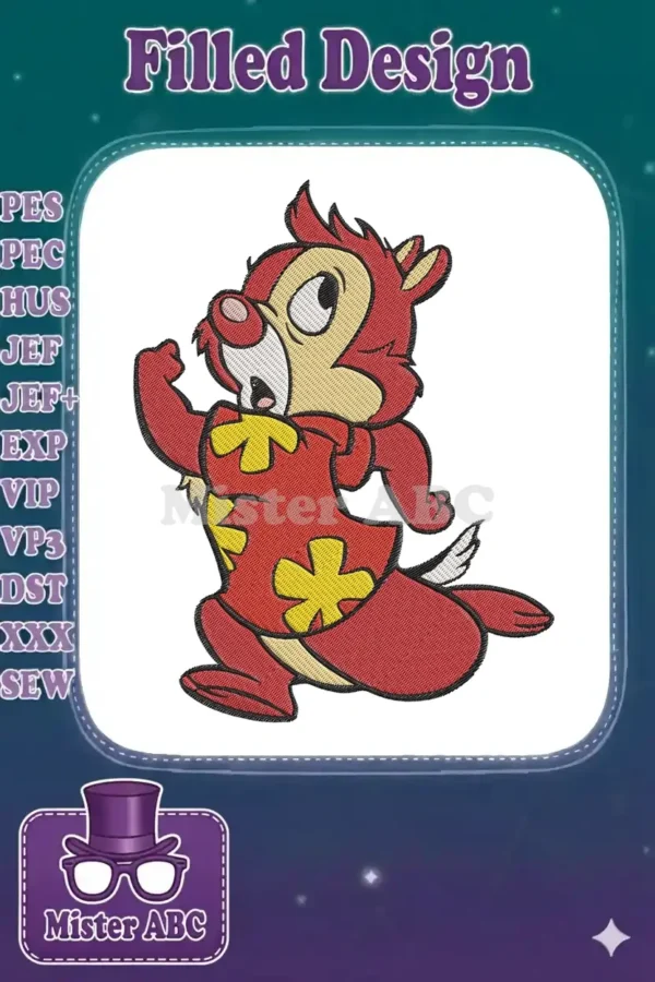 Vibrant embroidery of Dale from Chip 'n Dale, depicted in a dynamic running pose wearing a red shirt with yellow flowers.