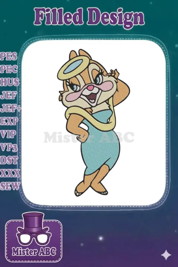 Full-color embroidery of Gadget Hackwrench from Chip 'n Dale: Rescue Rangers, wearing a blue dress and a halo.