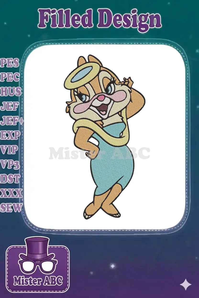 Full-color embroidery of Gadget Hackwrench from Chip 'n Dale: Rescue Rangers, wearing a blue dress and a halo.