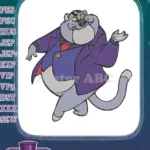 Dapper plump grey cat cartoon character purple suit embroidery designs - Instant Download