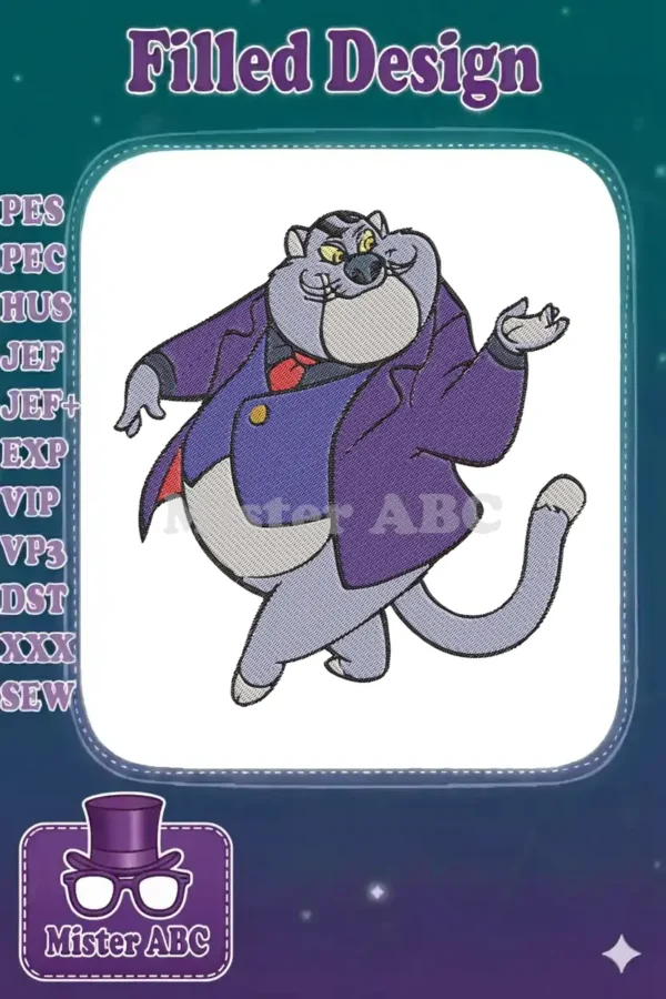 Detailed embroidery of Fat Cat from Chip 'n Dale Rescue Rangers, showcasing his purple suit and sly grin.