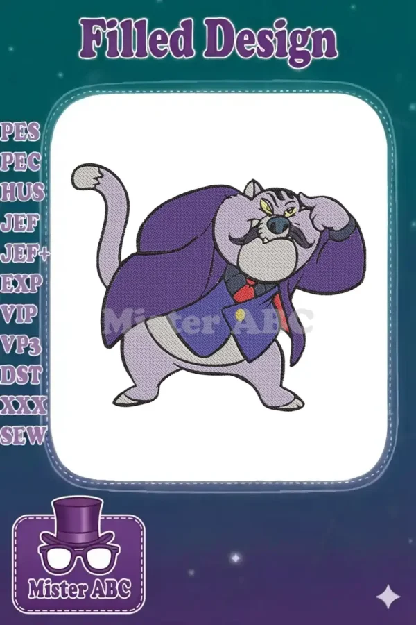 A vibrant embroidery design of Fat Cat from Chip 'n Dale, featuring a purple suit and mischievous expression.