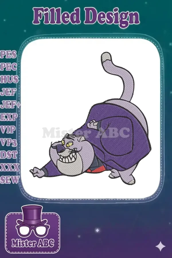 A detailed embroidery design of Lucifer the cat from Cinderella, stretching mischievously with a grin.