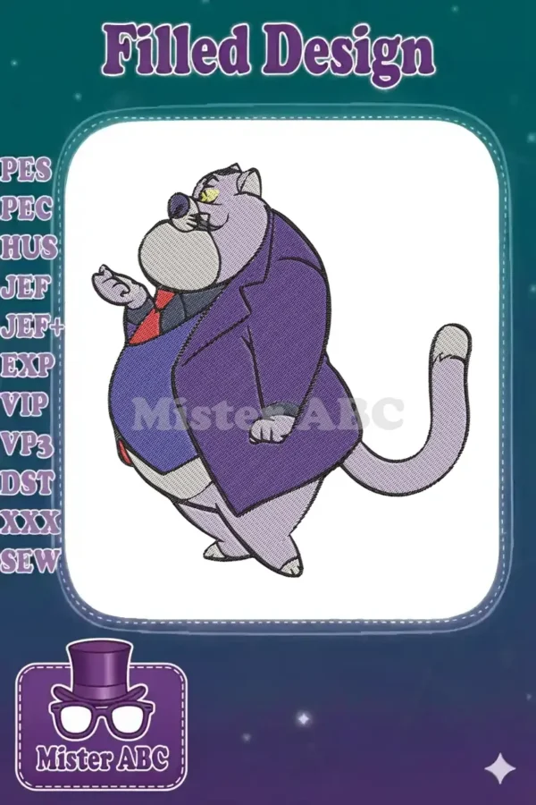 Detailed machine embroidery design of Fat Cat from Chip 'n Dale, featuring his iconic purple coat and smug expression.