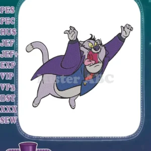 A vibrant embroidery design of Fat Cat from Chip 'n Dale Rescue Rangers, arms raised dramatically, yelling.