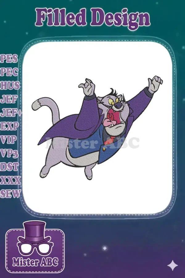 A vibrant embroidery design of Fat Cat from Chip 'n Dale Rescue Rangers, arms raised dramatically, yelling.