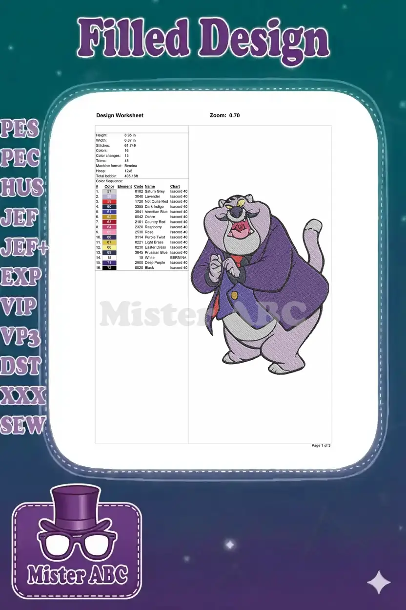 A comprehensive embroidery design worksheet displaying dimensions, stitch count, color sequence, and machine details.