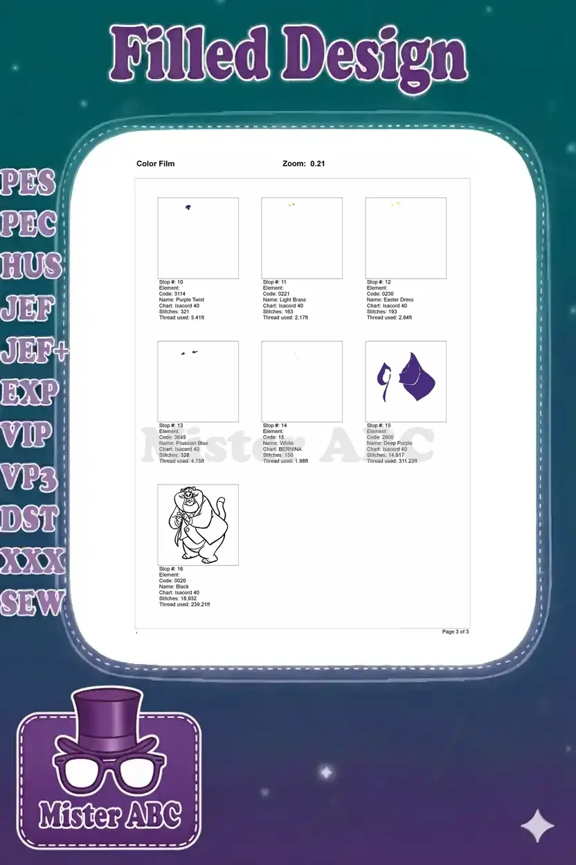 The second page of the color film for the Fat Cat embroidery, detailing the remaining color elements and final outline.