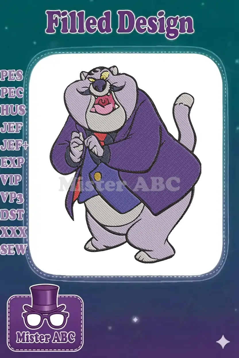 A vibrant embroidery design of Fat Cat, the plump, purple-grey feline villain from Chip 'n Dale Rescue Rangers.