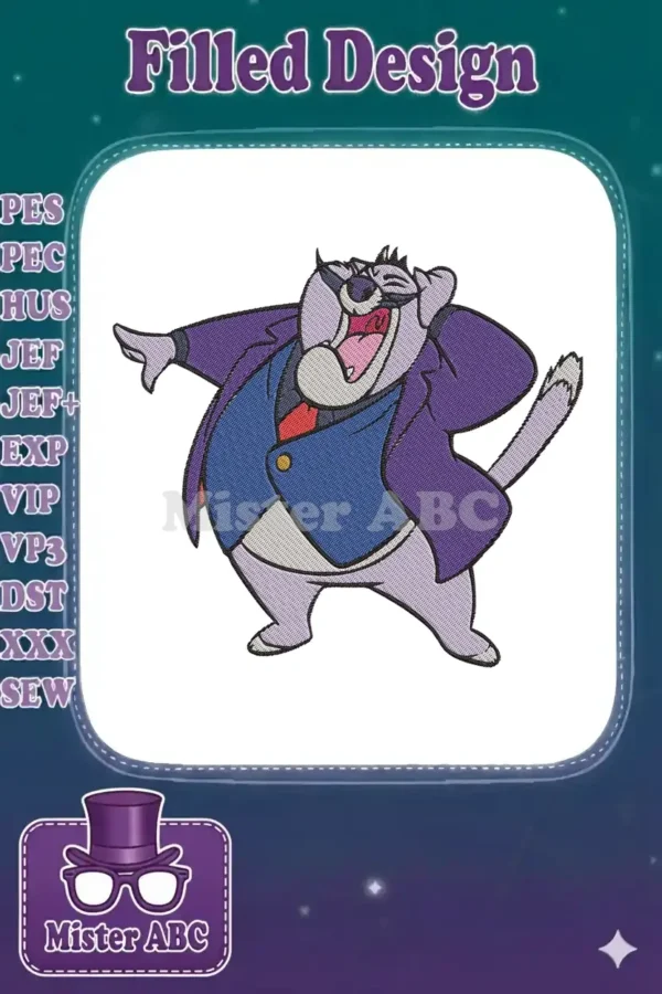 Embroidered design of Fat Cat from Chip 'n Dale Rescue Rangers, a purple cat in a suit, laughing heartily.