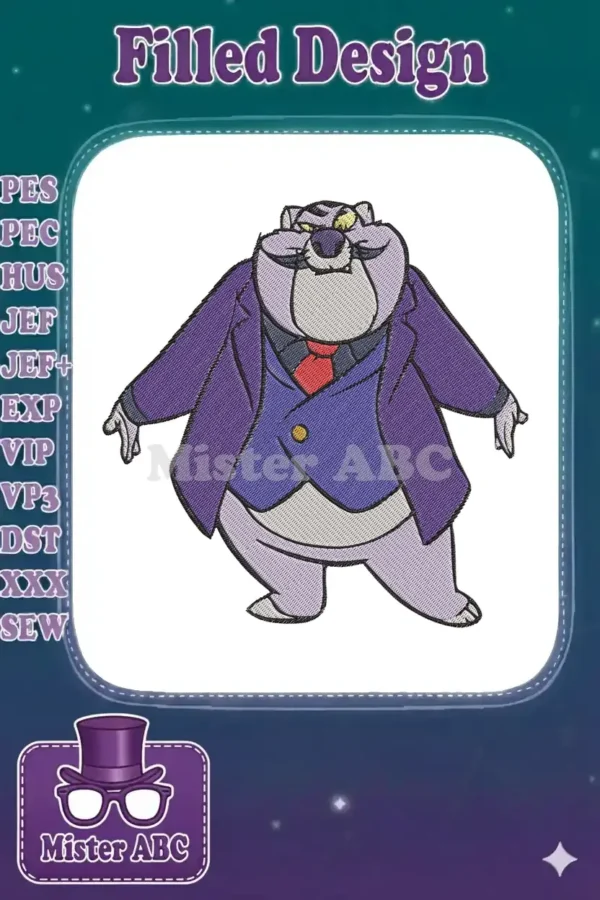 A lively embroidery design of J. Thaddeus Toad in his distinguished purple suit, ready for your next project.