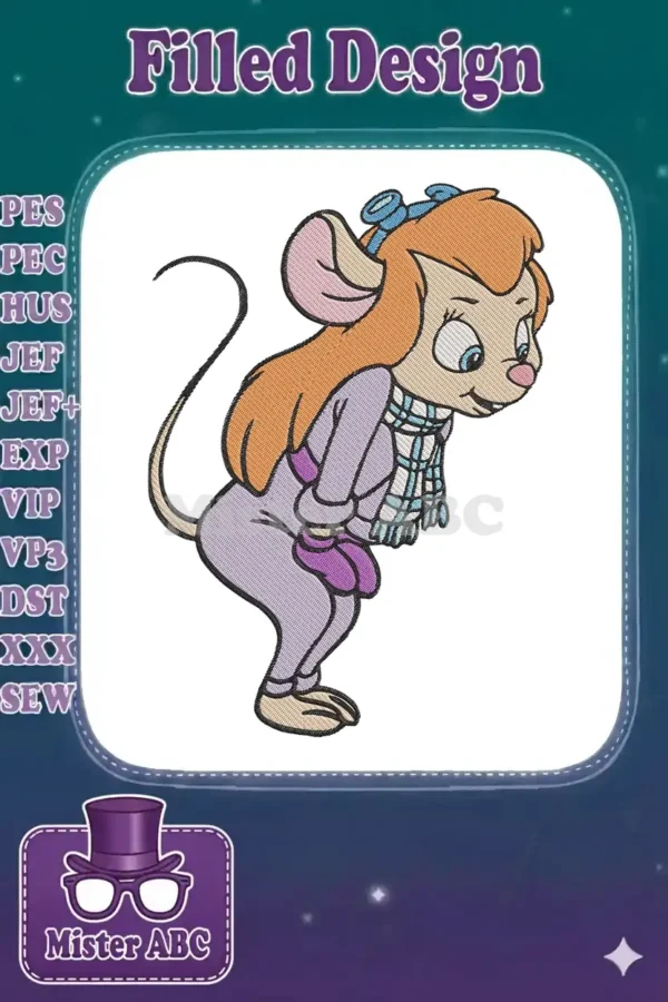 Embroidered Gadget Hackwrench in a purple winter onesie, blue bow, and plaid scarf, looking playfully curious.