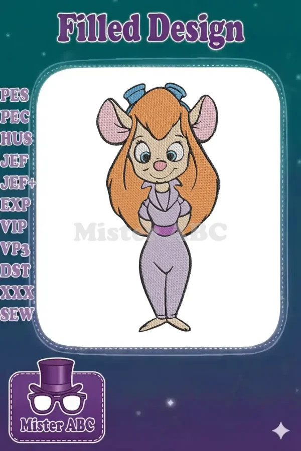 High-quality embroidery design of Gadget Hackwrench, featuring her signature red hair, purple jumpsuit, and blue bow.