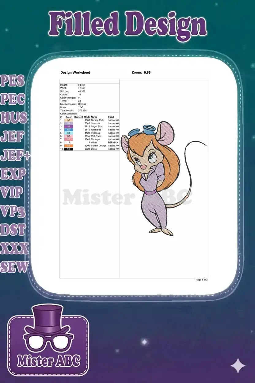 Embroidery design worksheet for Gadget, detailing dimensions, stitch count, and thread color chart for creation.