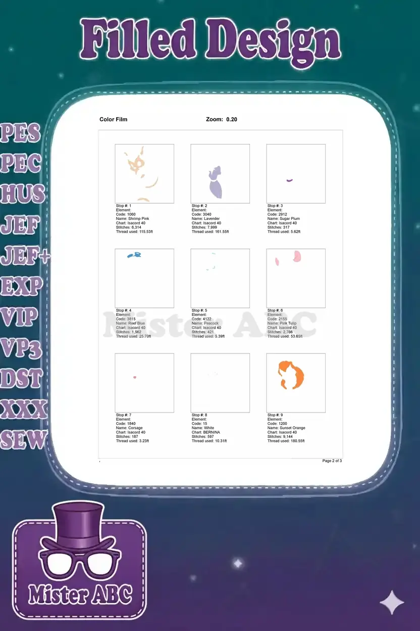 First page of the color film for Gadget embroidery, showing individual color stops and thread usage details.
