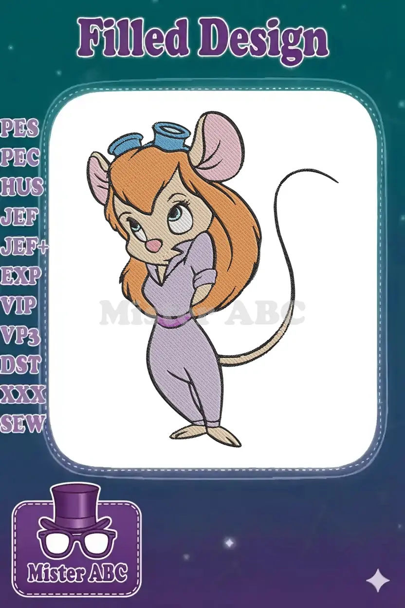 A vibrant embroidery design featuring Gadget Hackwrench from Rescue Rangers, with careful detailing and bright colors.