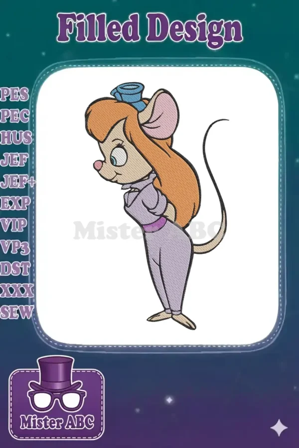 Detailed embroidery design of Gadget Hackwrench from Chip 'n Dale Rescue Rangers, featuring vibrant colors and satin stitching.