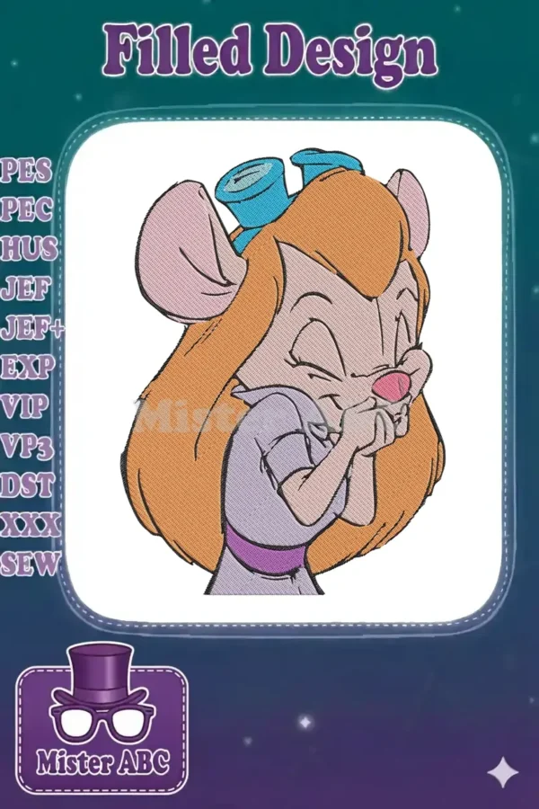 Close-up of Gadget Hackwrench from Rescue Rangers, laughing with hands over mouth, in a colorful fill stitch.