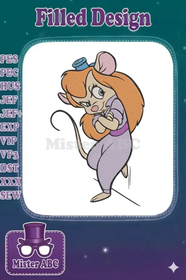 A vibrant embroidery design of Gadget Hackwrench with orange hair, a blue hat, and a lavender jumpsuit, arms crossed.