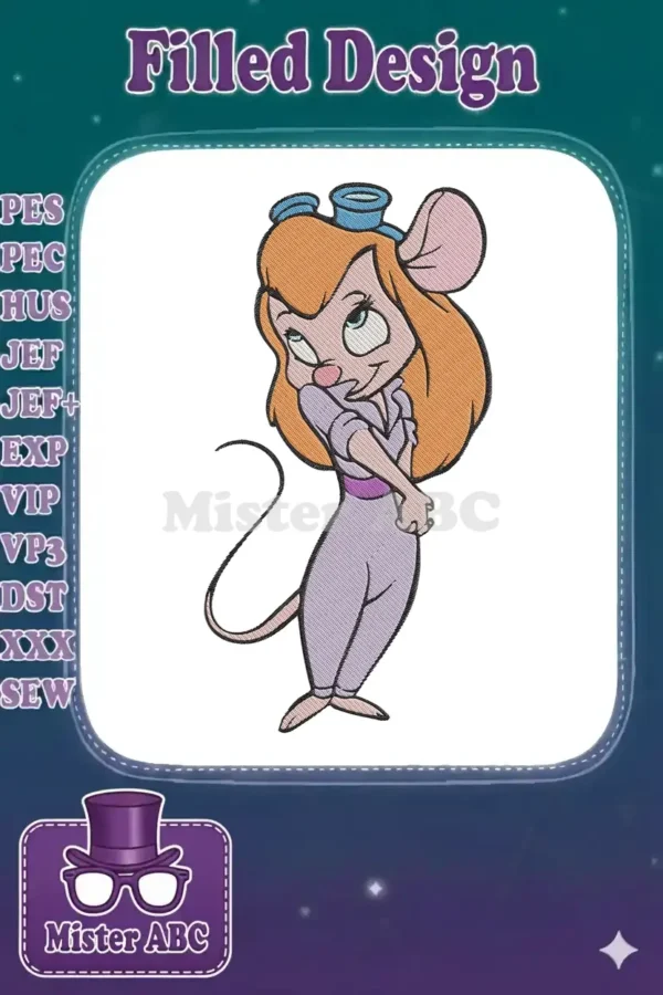 Colorful embroidery design of Gadget Hackwrench, the inventive mouse from Rescue Rangers, with her iconic goggles.