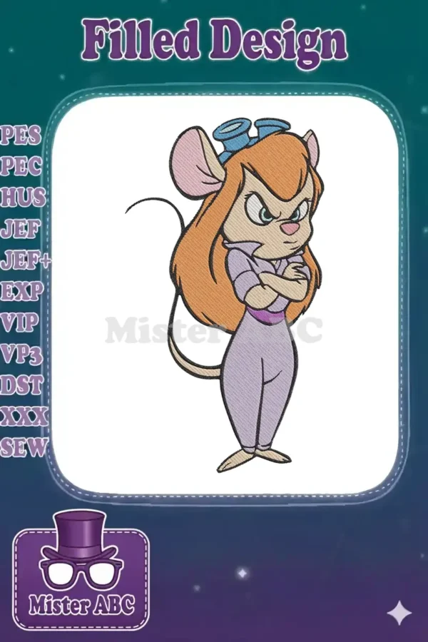 Gadget Hackwrench embroidery design, arms crossed with an annoyed expression, featuring detailed stitching on white.