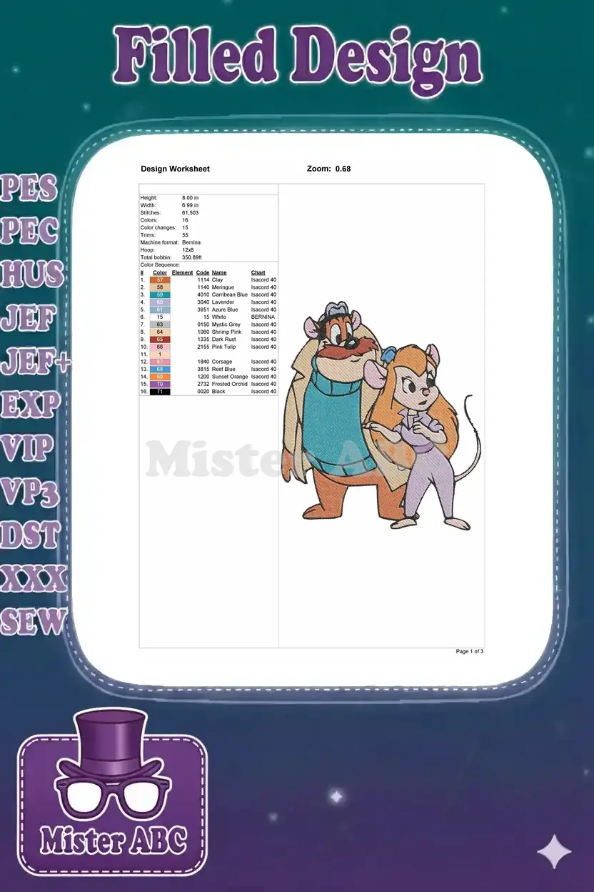 Detailed design worksheet for the Monterey Jack and Gadget embroidery, showing stitch count and colors.