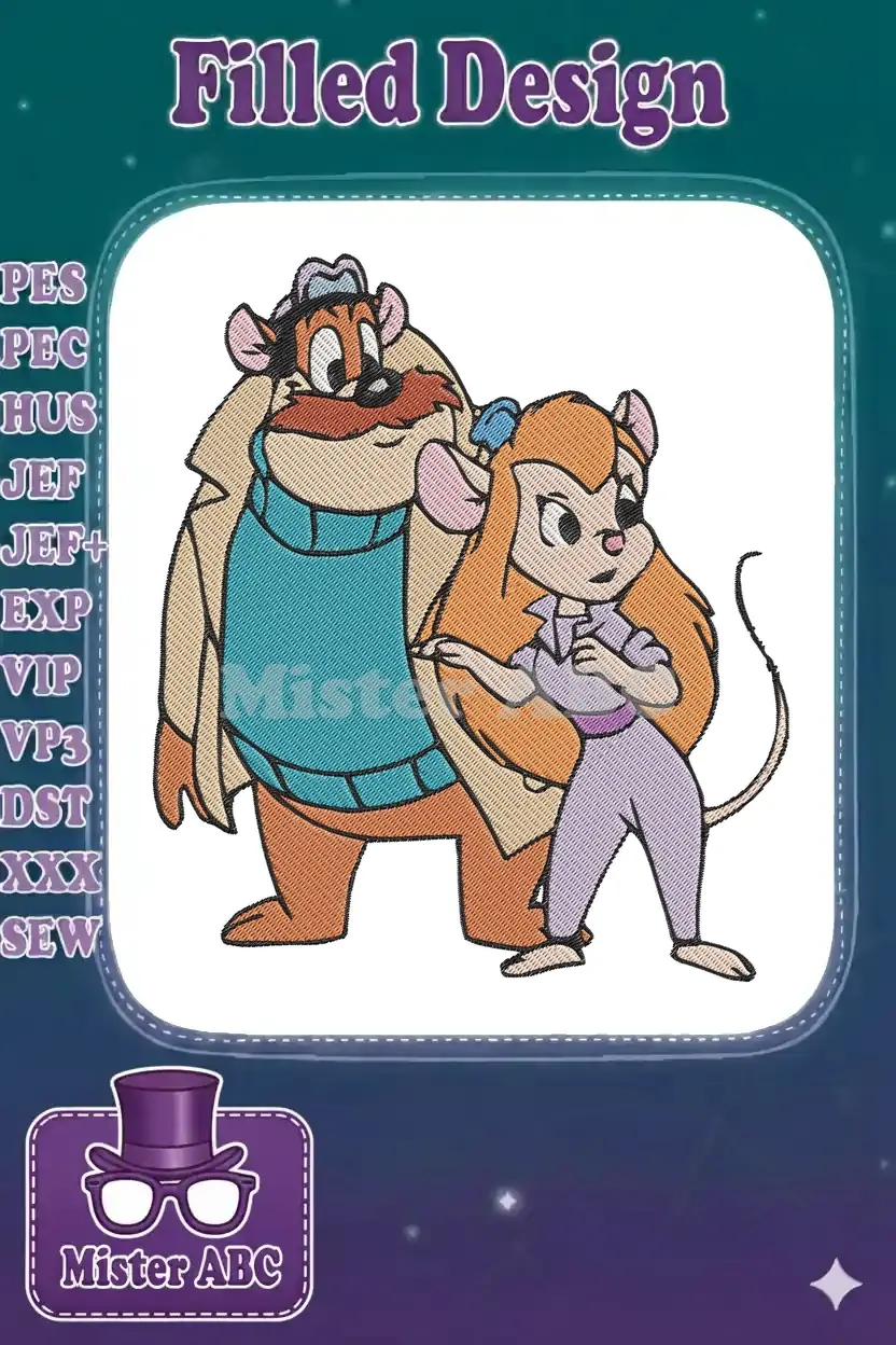 Full color embroidery design featuring Monterey Jack and Gadget from Disney's Chip 'n Dale Rescue Rangers.