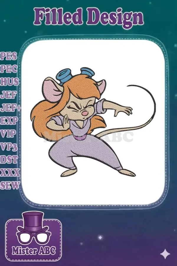 Gadget Hackwrench in a focused martial arts stance, a vibrant embroidery design with dynamic pose and intricate detail.