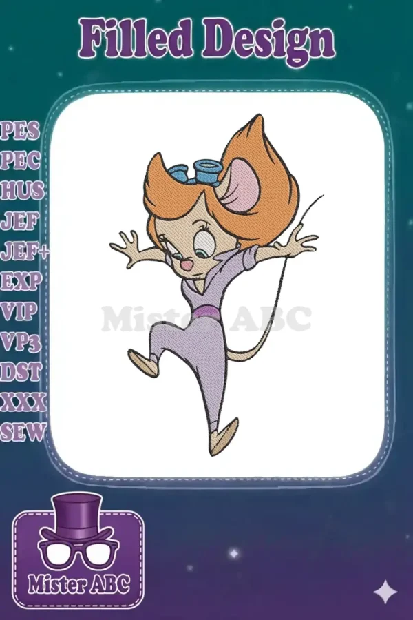 Vibrant embroidery design of Tanya Mousekewitz from An American Tail, dancing with arms outstretched, full of joy.