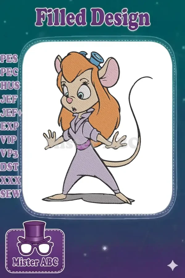 High-quality embroidery design of Gadget Hackwrench, featuring her iconic purple jumpsuit and inventor's goggles.